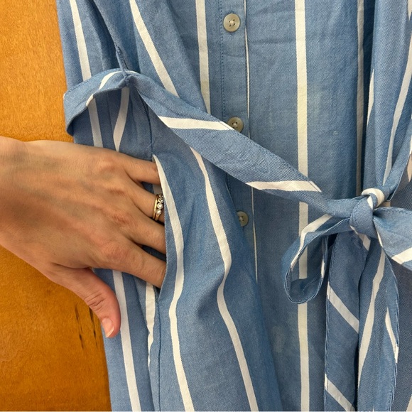Blue and white stripe shirt dress button up with pockets, waist tie - Picture 5 of 8